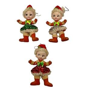 VTG 3 Push Pin Beaded Flocked Dancing Elf Baby Girls Pixie Christmas Ornament